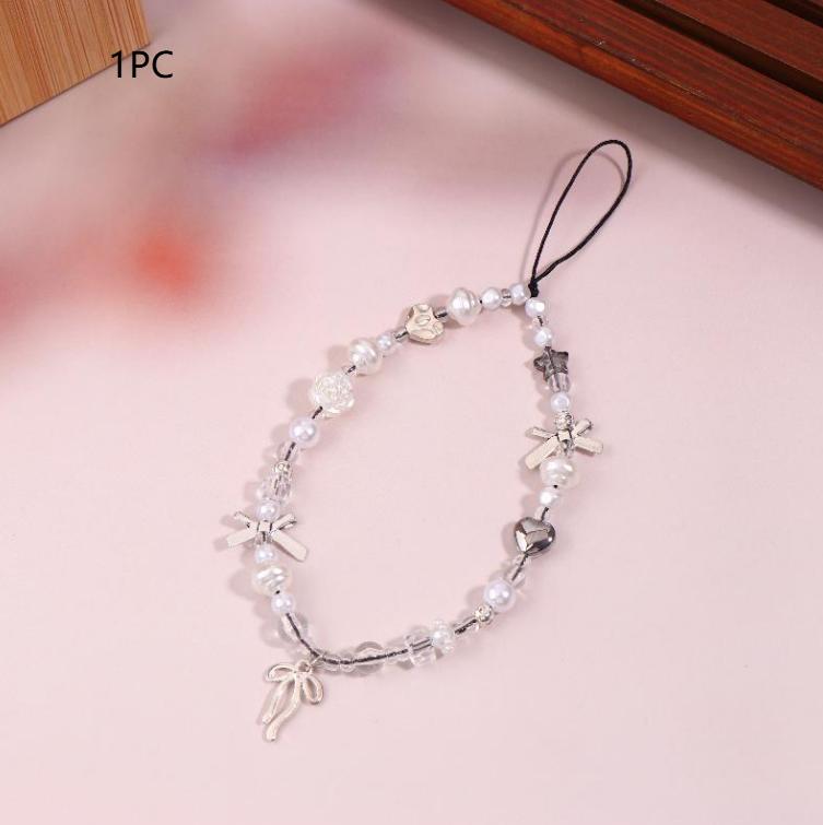 

1/2Pcs Y2K Silver Bow Pendant Cell Phone Lanyard Aesthetic Beaded Mobile Phone Chain Anti-Lost Wristband Keychain For Girls Gift 1Pcs