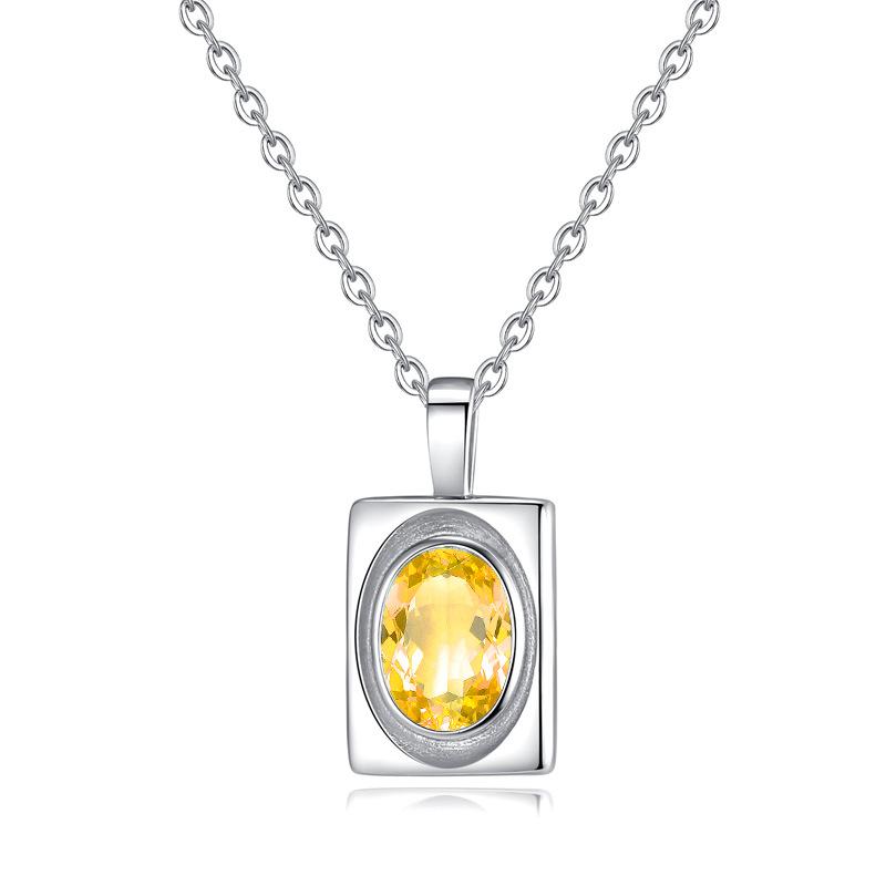 S925 Sterling Silver Necklace Women's Oval Natural Citrine Amethyst Pendant Garnet Peridot Clavicle Chain