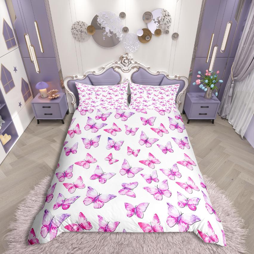 Homewish Kawaii Butterfly Duvet Cover Set,Girls Pink Comforter Cover Set,Fairy Tale Theme Bed Set For Girls Teens