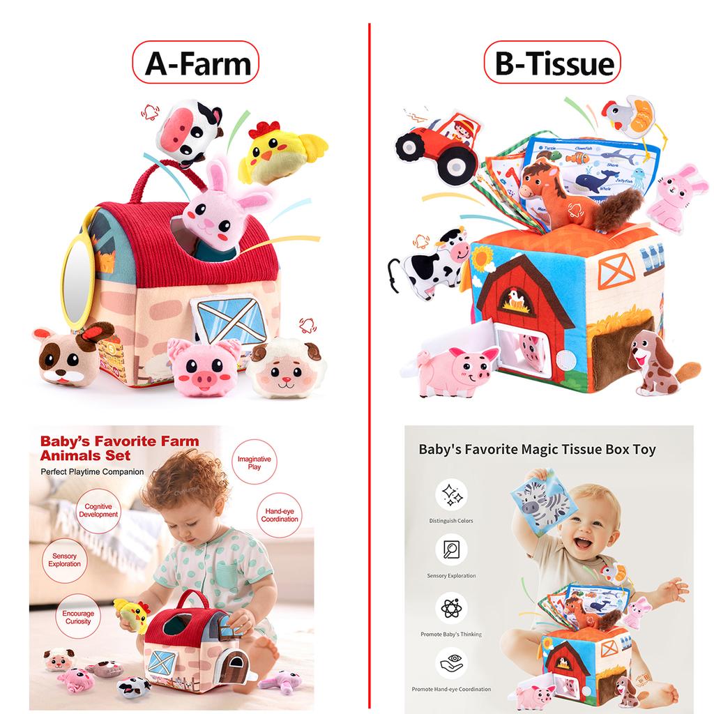 Plush Barn with Farm Animals Baby Toys Sensory Montessori Toy Portable Baby Farmhouse Toy for Infants Toddlers Newborn Gifts