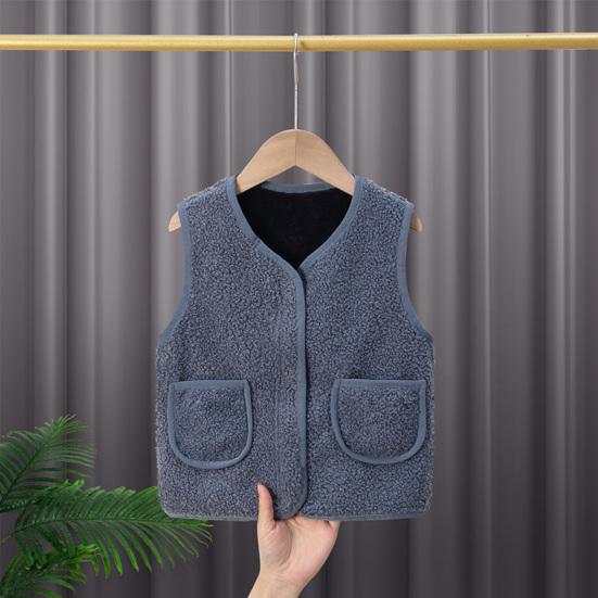Barn Fleece Vest Ermløs Jakke Ensfarget V-hals Glidelåsvest med Lommer Varm Vinter Plysjvest for Gutter Jenter