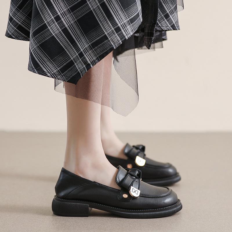 Women's British-Style 2025 Velvet Loafers - Genuine Leather, Black, Sizes 41-43, Flat Autumn Shoes