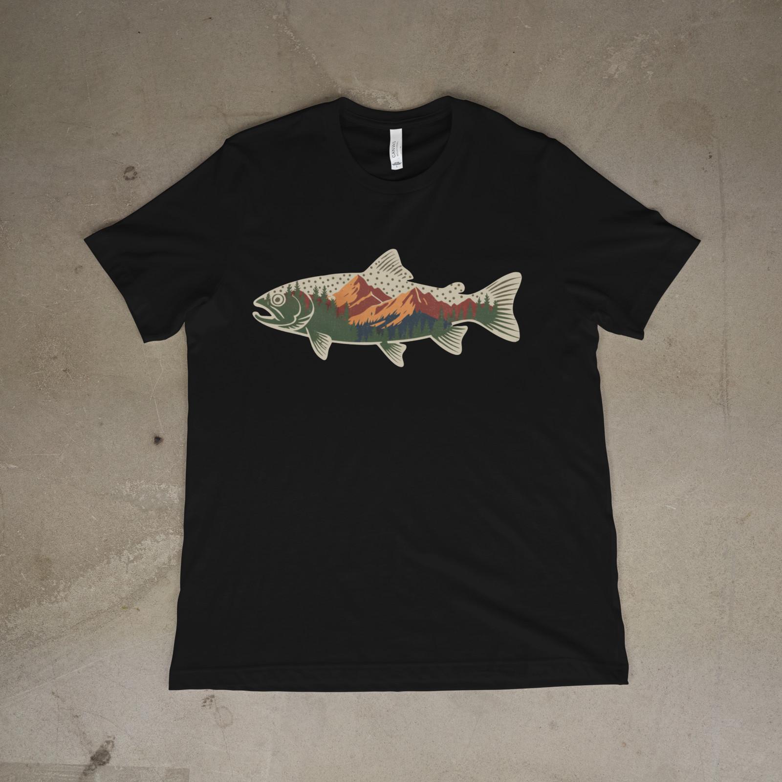 Mountain Trout Fishing Shirt Nature Landscape Fish Graphic T-Shirt 3XL