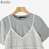 ZANZEA Women Casual Lace Patchwork Fake Two Piece Short Sleeve T-Shirts