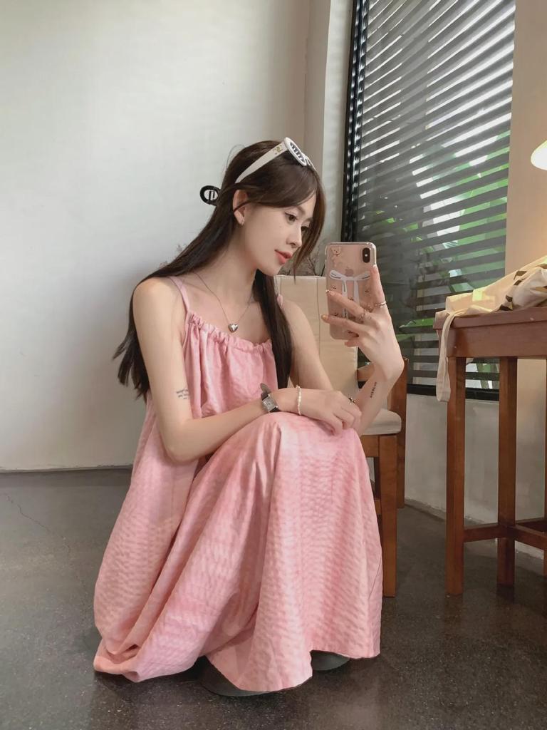 Halter Neck Pink Suspender Long Skirt - Women's Summer Beach Vacation Dress