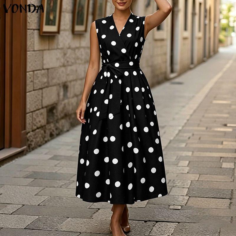 VONDA Rochie lungă de vară pentru femei, stil retro, fără mâneci, cu imprimeu buline, casual, rochie de soare