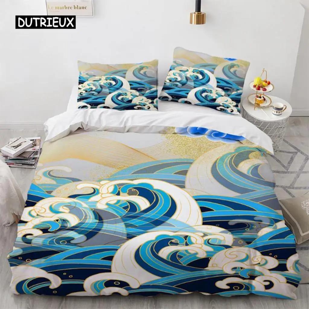 Wave Duvet Cover Set Hokusai Pattern Japanese Ukiyoe Quilt Cover Oriental Sketch Style Ocean Queen Twin Polyester Bedding Set