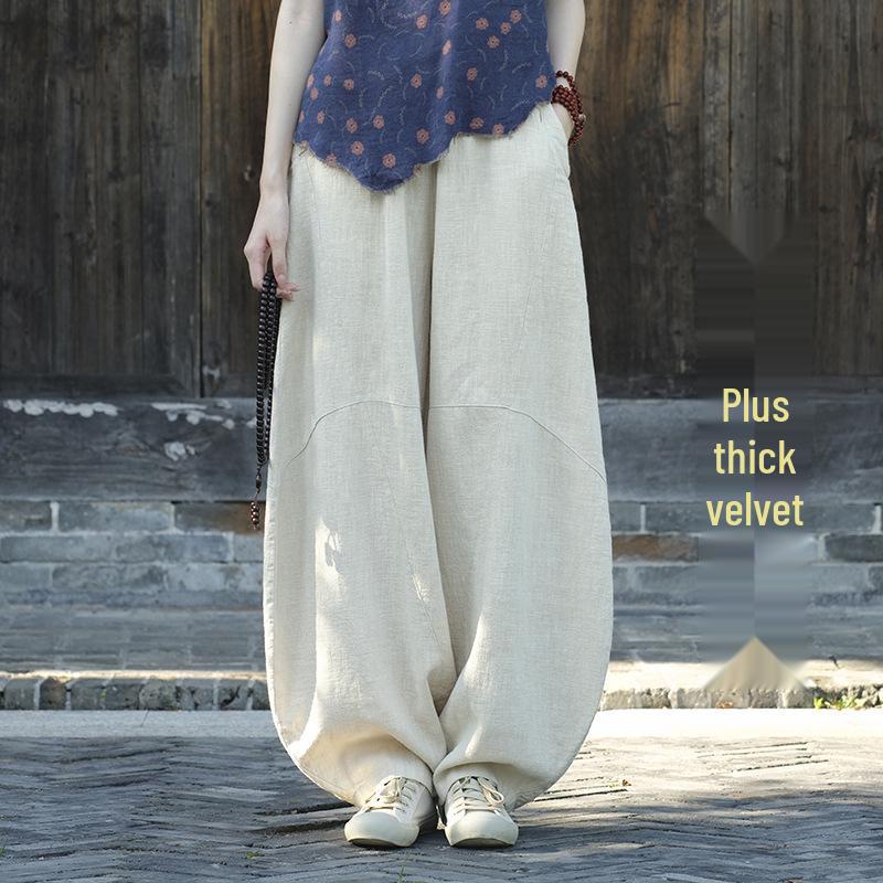 Women's Retro Ramie Sand-Washed Distressed Loose Lantern Pants for Meditation and Tai Chi
