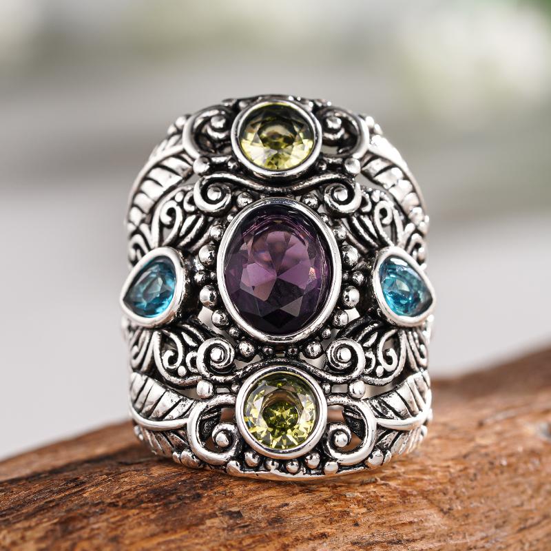 Huitan Vintage Women CopperColor Ring with Multiple Colors Bright CZ Engrave Design Accessories for Party Daily Female Jewelry