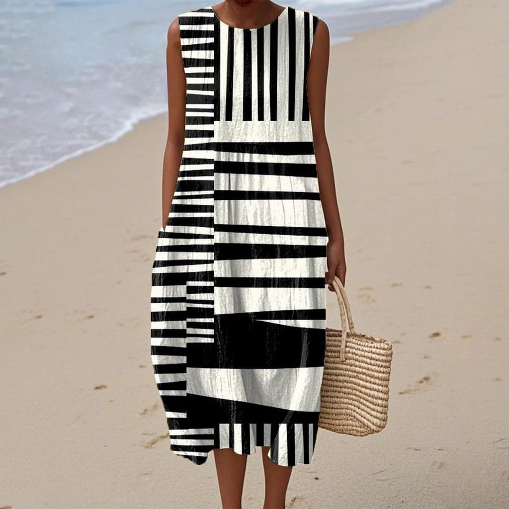Summer European and American women's new sleeveless seaside vacation D printing dress