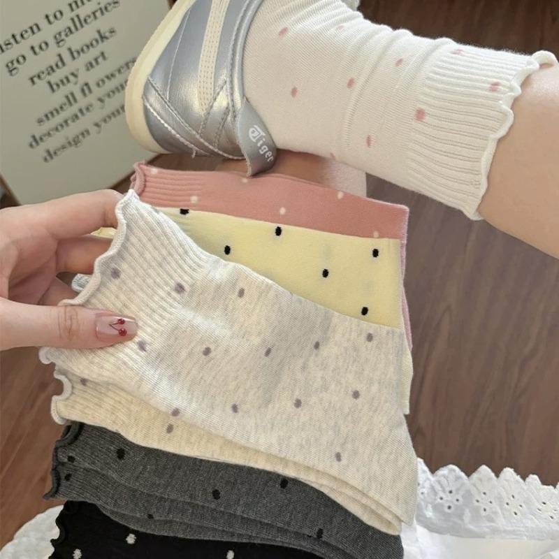 Women's Summer Thin Ballet-style Wooden Ear Side Polka Dot Long Tube Pile Socks