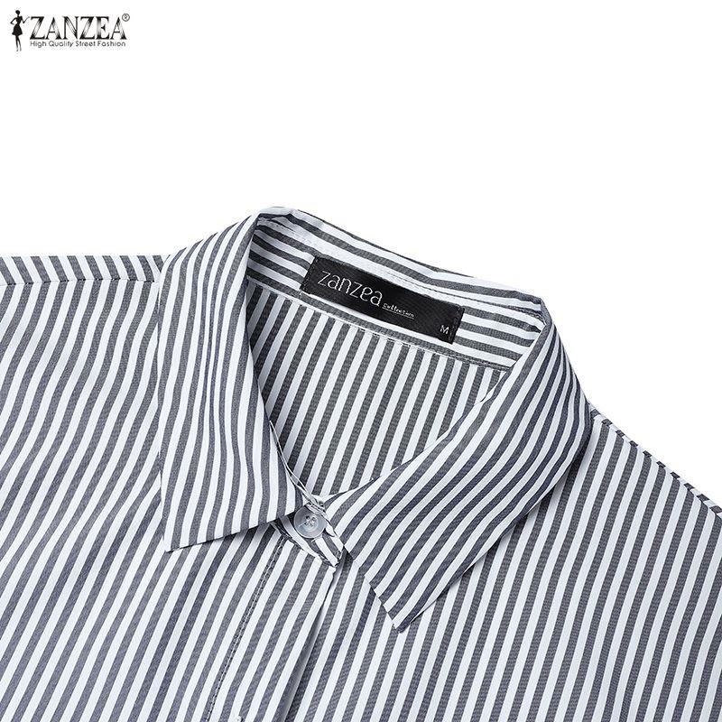 ZANZEA Women Casual Turn Down Collar Summer Short Sleeve Stripe Shirt Dress