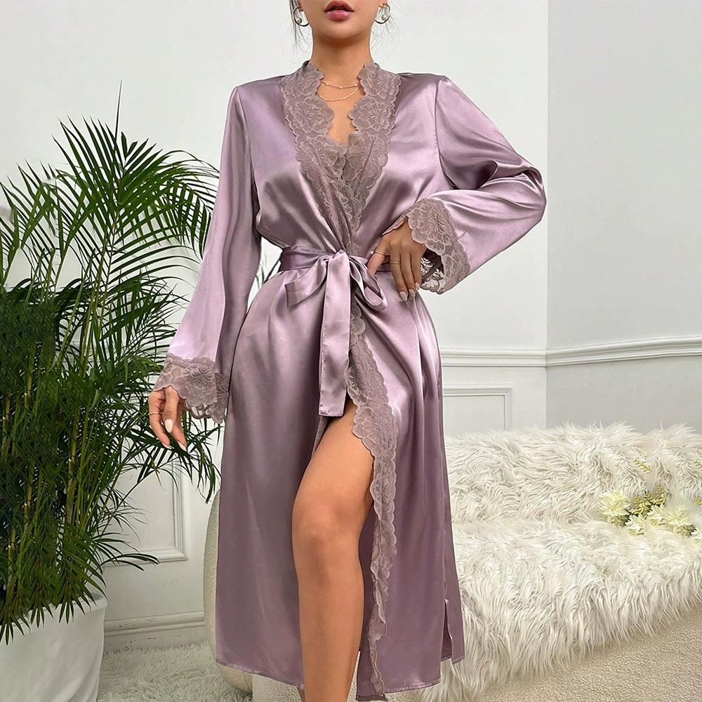 Satin Lace Sleepwear Set Luxury Long Sleeve Robe Cooling Nightgown Sexy Loungewear Bathrobe Women Elegant Home Dress