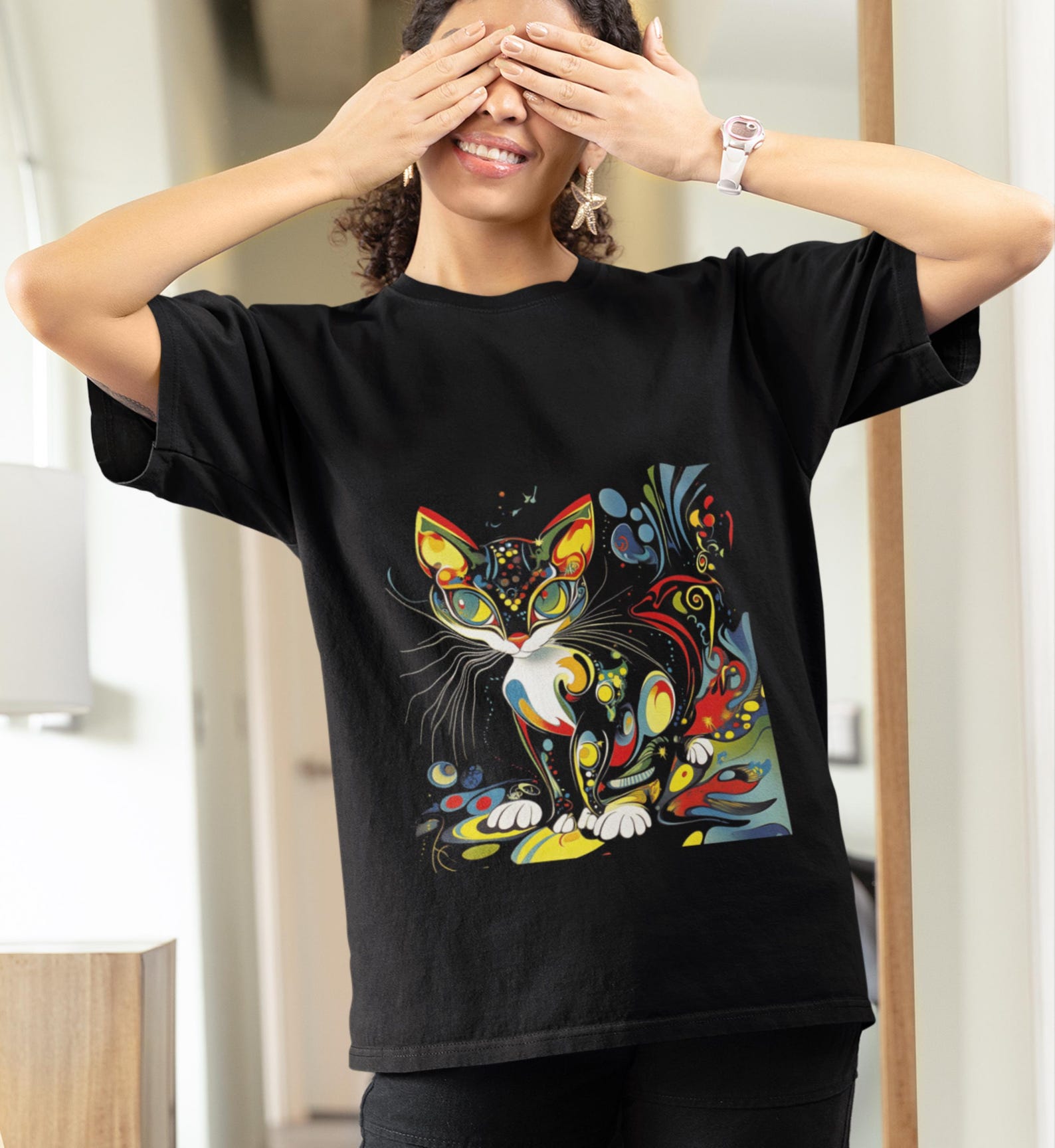 Cosmic Cat T-shirt: Colorful Galaxy Feline Top S