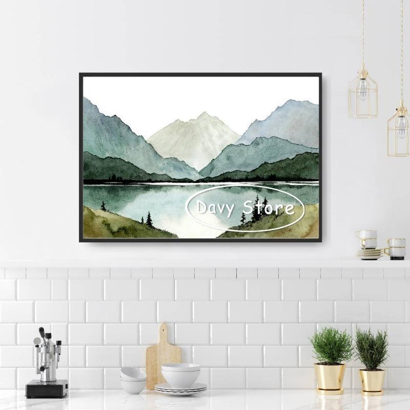 Misty Forest Mountain Lake River Watercolor Landscape Neutral Poster Canvas Printing Minimalist Wall Art Picture Home Room Decor
