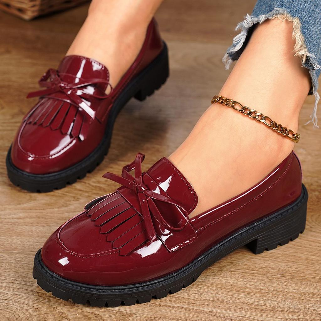 Women's Shiny Leather Tassel Shoes Fashion Large Size Casual Walking Versatile Loafers Bow Knot Tie Daily Commuting Wear