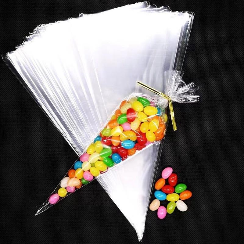 100Pcs Clear Cone Candy Storage Bags Cones Transprant Plastic Bag Popcorn Candy Bags For Baby Shower Wedding Party Bags Supplies