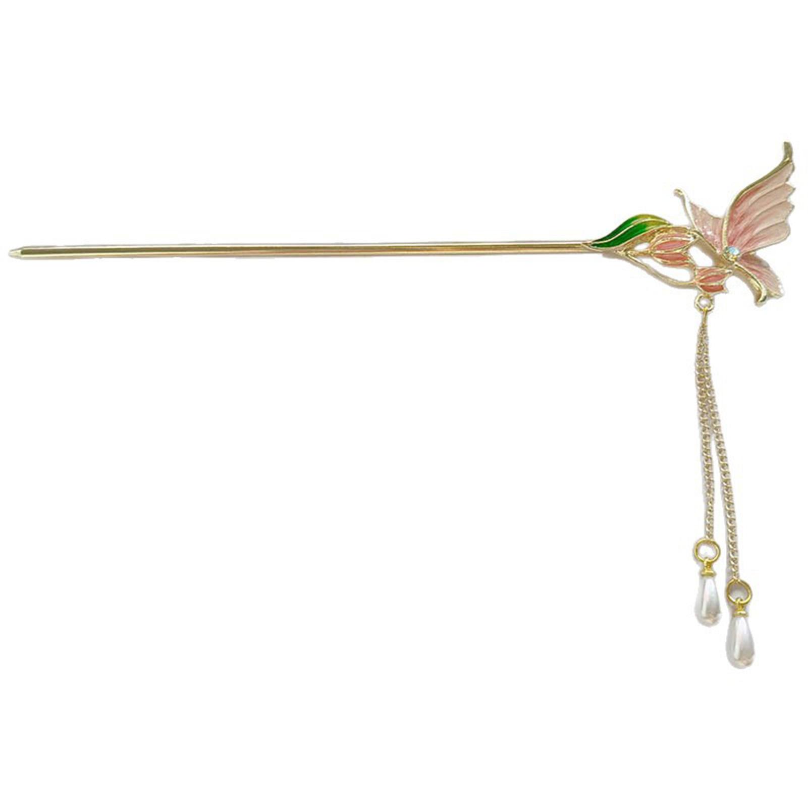 Elegant Hair Accessory Trendy Oil Dripping Butterfly Pearl Tassel Hair Stick Exquisite Updo Meatball Head Decor Hairpins розовый