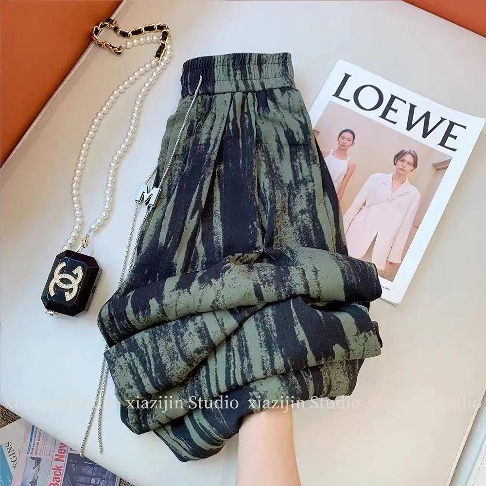 Women s Summer Tie-Dye Wide-Leg Ice Silk Pants - Plus Size, Slimming, Casual Drape, Straight-Leg, Floor-Length. 6XL зелёный