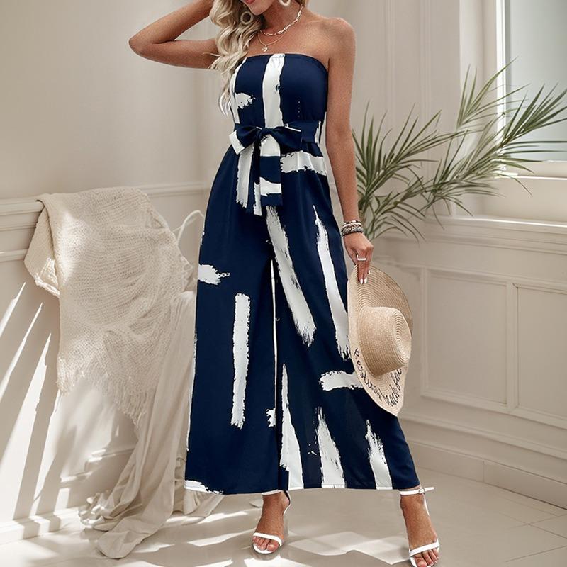 Vacation Wide-leg Pants Summer Printed Strapless Jumpsuit