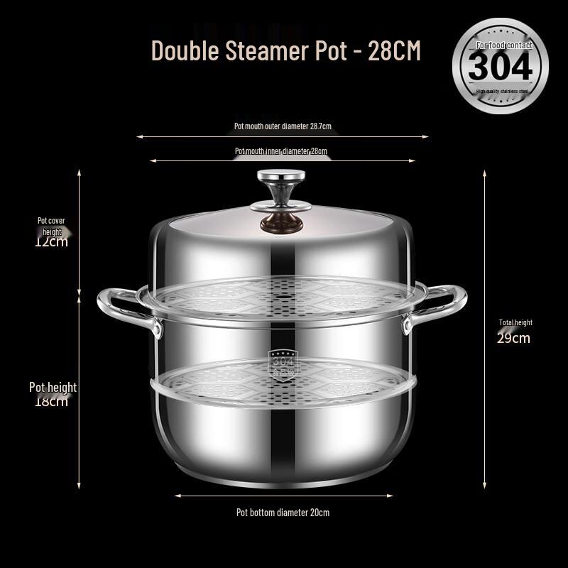 28cm 304 Stainless Steel 2-Tier Steamer Pot