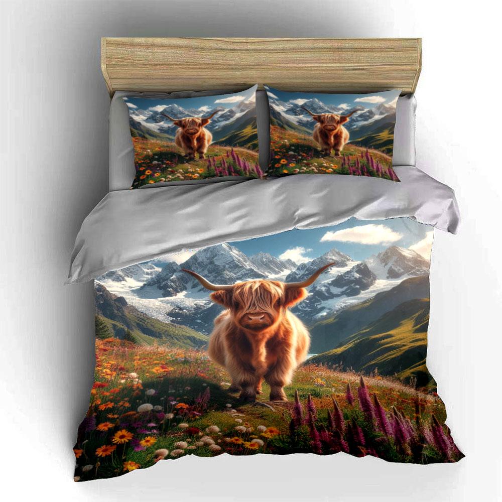 Highland Cow Landscape Decoration Set Soft Skin-Friendly Bedding Set Includes 1 Duvet Cover And 2 Pillowcase Gift