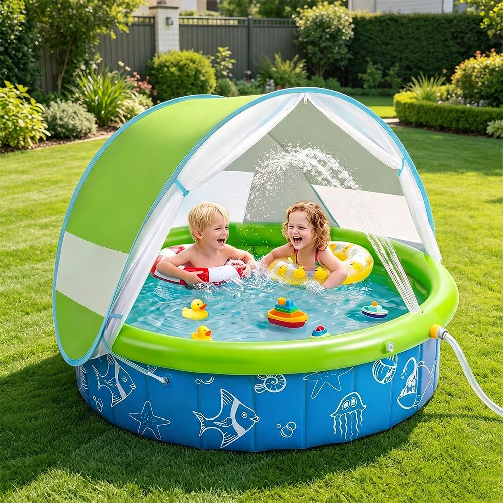 Kids' Foldable UV-Protected Splash Pool with Canopy & Sprinkler