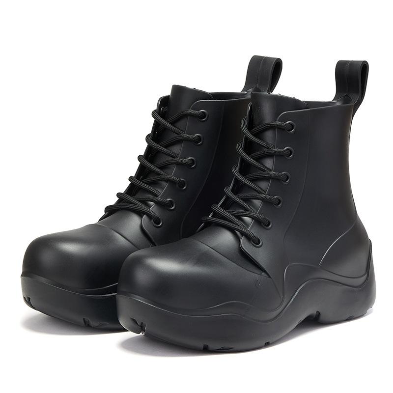 Fashion Rain Boots Women Thick Sole Outdoor Lace Up Non-slip Fashion Ankle Boots Work Solid Color Four Seasons Waterproof Zapatos Mujer
