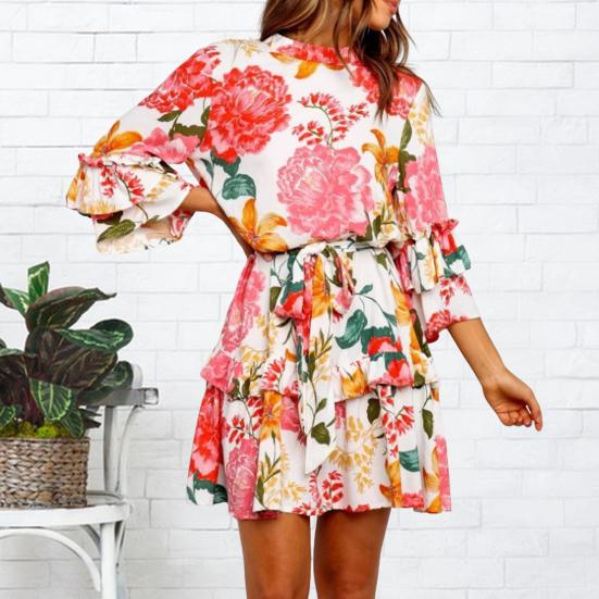 Women's Floral Print Short Dress Crew Neck 3/4 Ruffle Sleeve Swing Dress with Belt Boho Tiered Ruffle A-Line Flowy Mini Dress