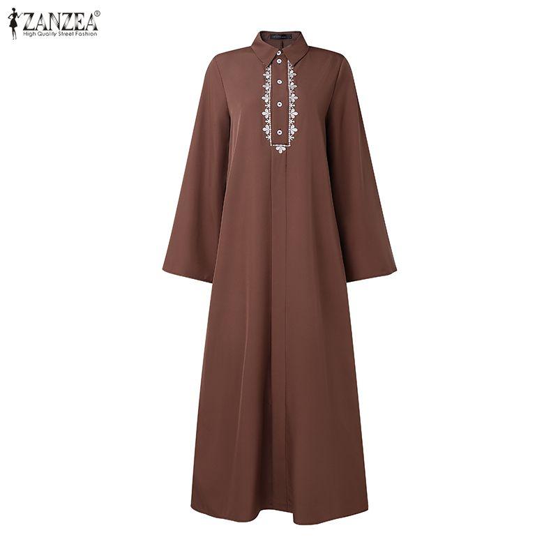 ZANZEA Women Casual Turn Down Collar Loose Floral Embroidery Long Sleeve Dress