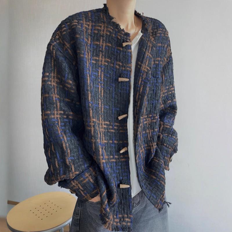 Vintage Tweed Woven Jacket Men - Casual Winter Outerwear Loose Fit Plaid