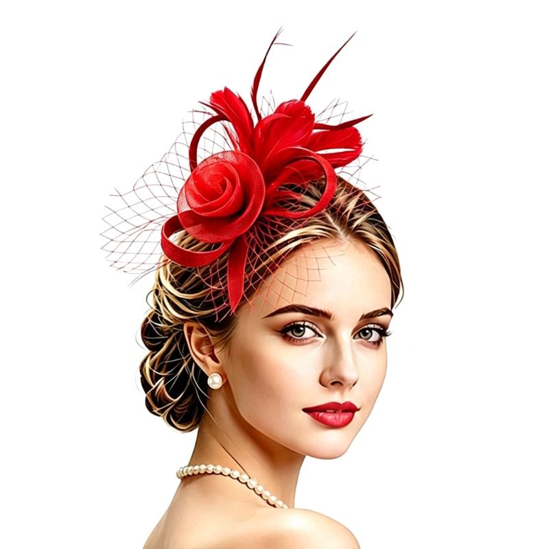 Race Day Fascinator Headpiece with 3D Flower, Feather Decors, Netted Veil and Clip-and-Headband Attachment for Cocktails Party