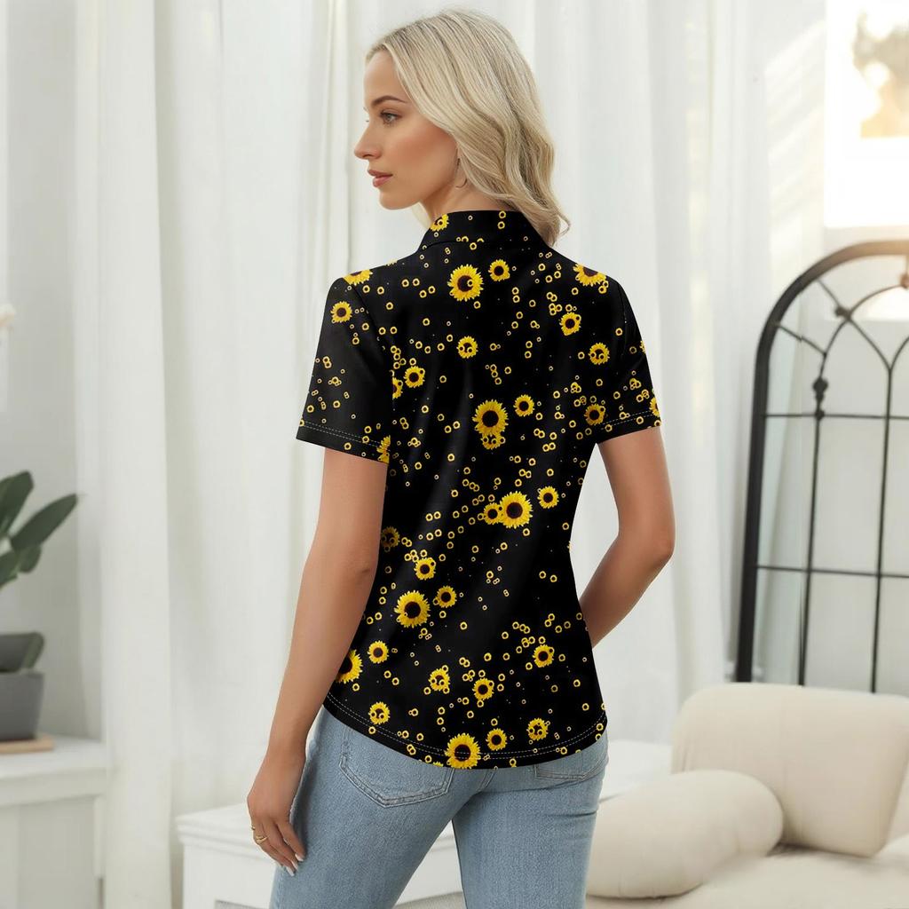 Women's Casual Floral Print V-Neck Short Sleeve Decorative Button T-Shirt Top