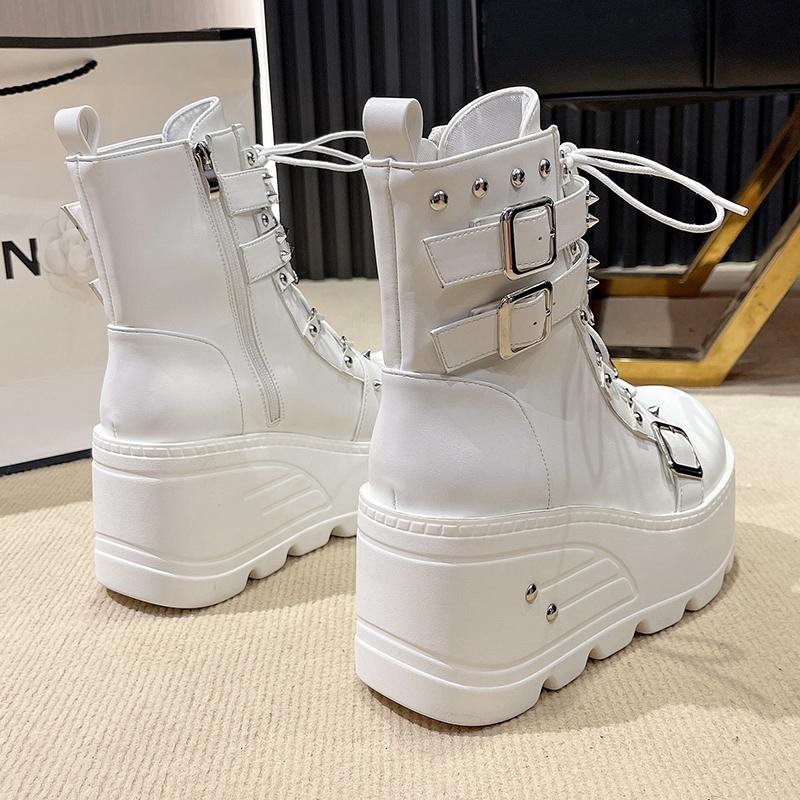 Fashion Platform Boots Goth for Women Lace up Wedge Heel Buckle Ankle Booties Studded Short Motorcycle Boots with Zipper White
