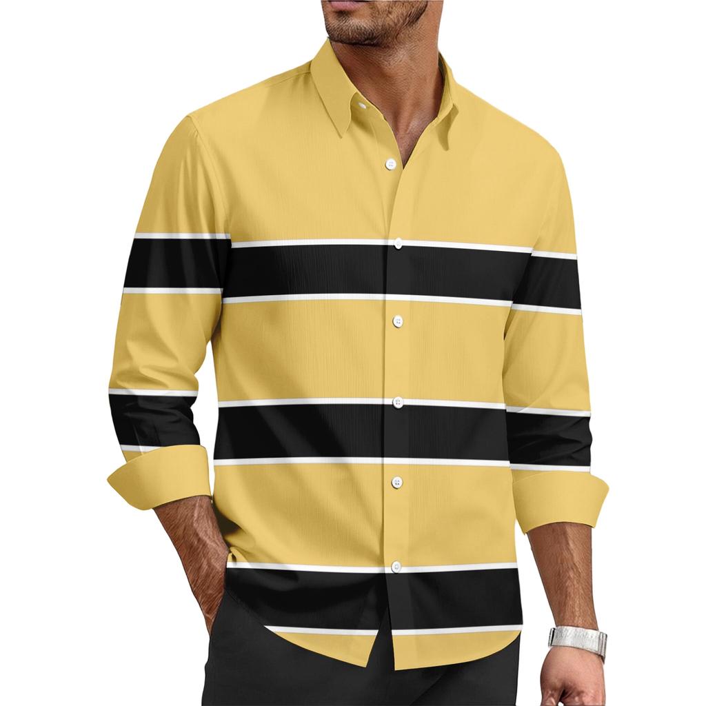Men's Casual Stylish Striped Printed Shirt - Men's Lapel Buttoned Long-sleeved Shirt