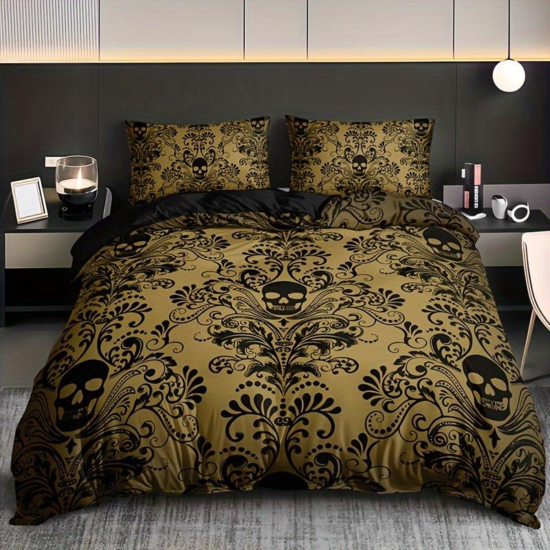 Black Damask Comforter Cover Set Exotic Sugar Skull Duvet Covers Gothic Vintage Floral Skeleton Bedding Set Bohemian Quilt Cover