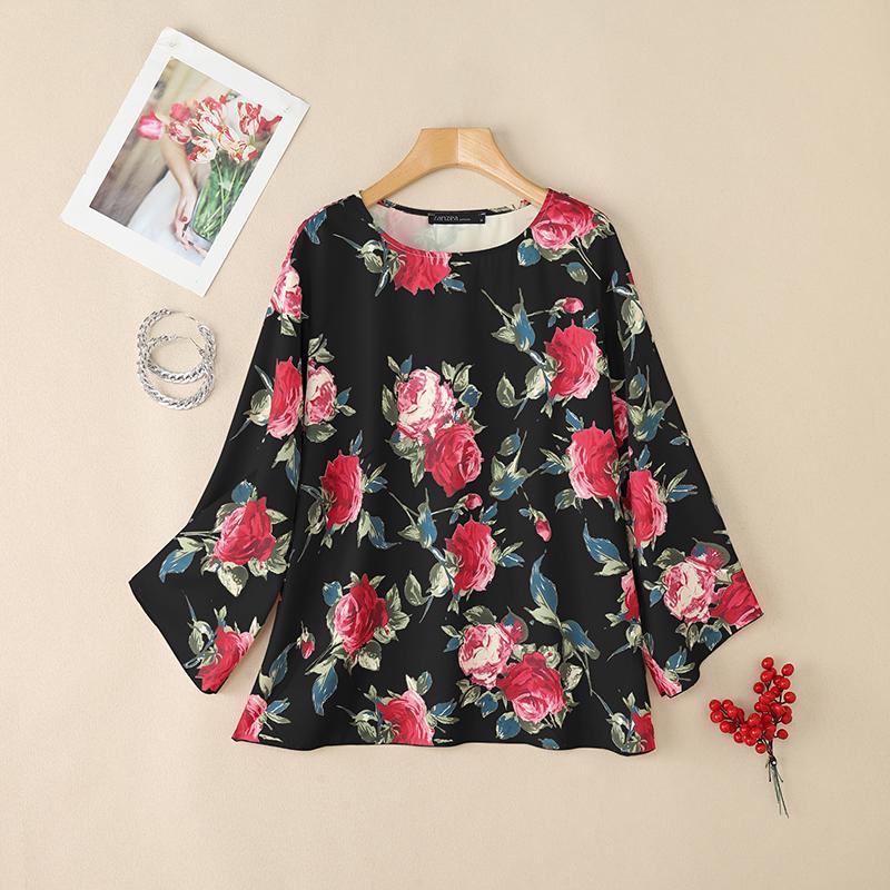 

ZANZEA Женская повседневная блузка с круглым вырезом и рукавом 3/4 с цветочным принтом 5XL чёрный