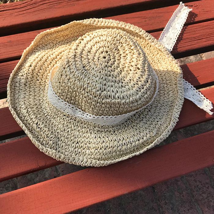 

Летняя шляпа-федора из соломы для детей, солнцезащитная, вязаная крючком, с полями, складывающаяся, солнцезащитная шляпа с кружевной лентой бежевый