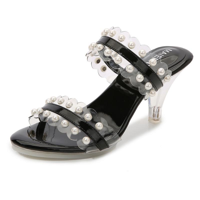 

Summer wear cool slippers women s new fashion pearl word transparent high-heeled women s shoes 35 чёрный