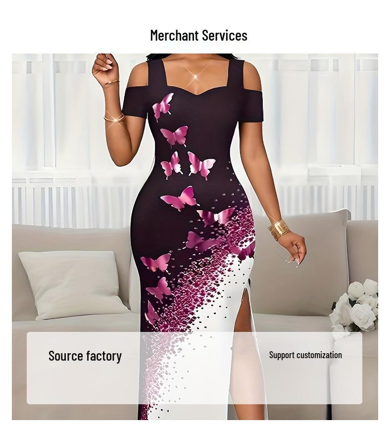 European & American Fashionable Butterfly Print Off-Shoulder Slit Long Dress for Women