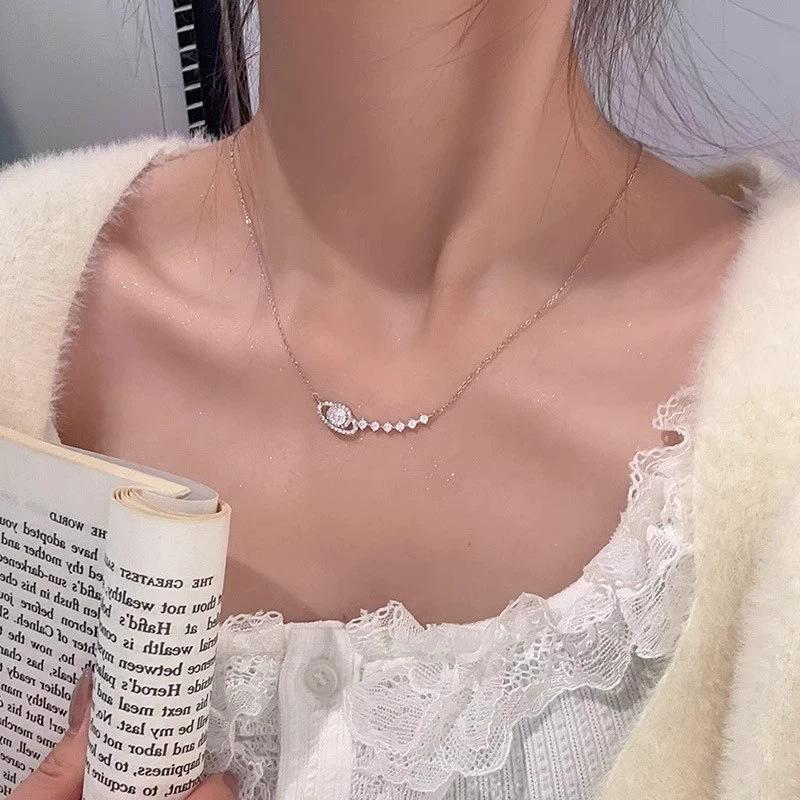 Full Diamond Silver Planet Pendant Necklace Women's Light Luxury Temperament Clavicle Chain Personalized Accessories
