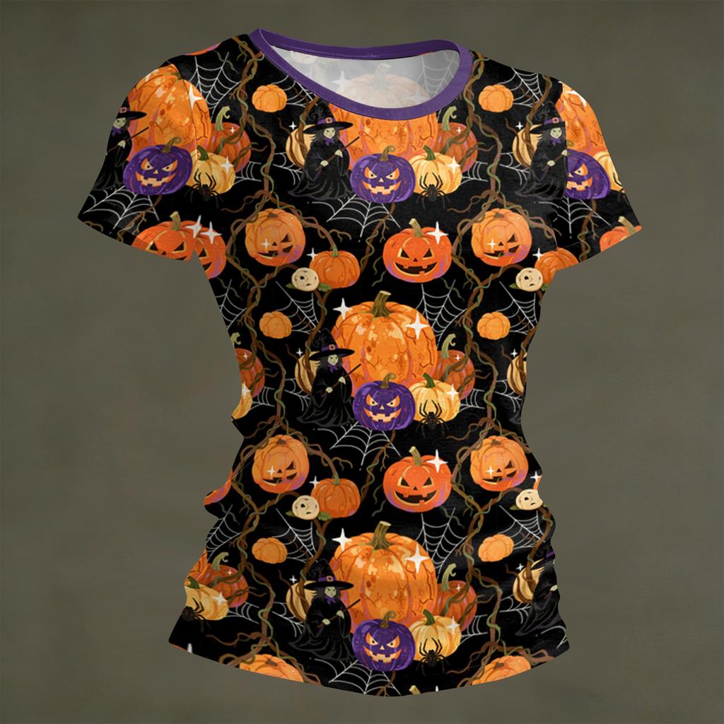 Damen Halloween Print Kurzarm Hals Locker Sitzendes T-Shirt für Party Freizeitkleidung