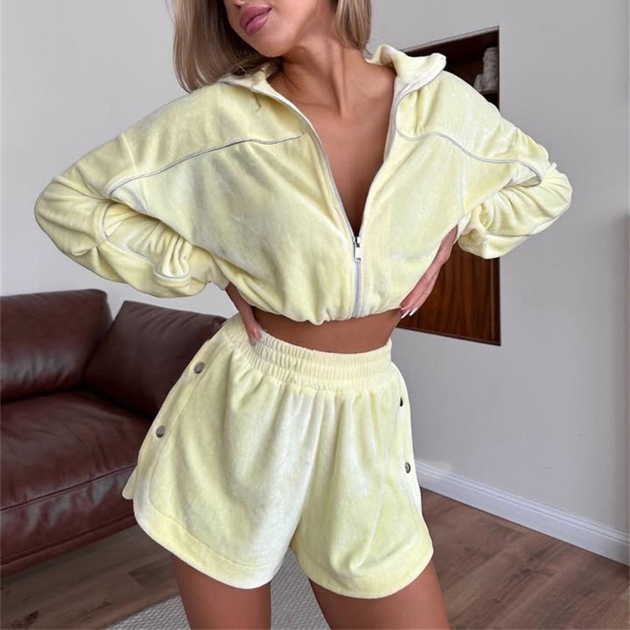 Women's Long Sleeve Zip Up Striped Cardigan Two Piece Outfit Slim Waist Shorts Set