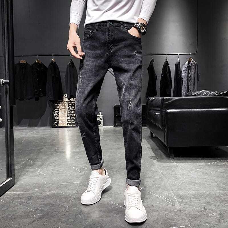 

Модные узкие мужские джинсы Broken Holes Small Feet Nine Points Casual Trousers Весна и осень Черные джинсы 28