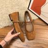 Fairy Wind Square Head Suede Low-heeled Grandma Shoes Female Spring Versatile Retro Light Mouth Soft Leather Mary Jane Thick-heeled Single Shoes