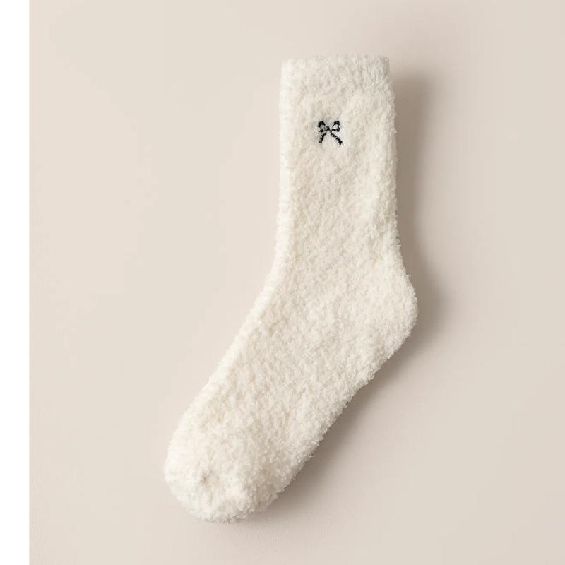 Thickened Bow Coral Fleece Mid Tube Socks Women Plush Thick Warm Foot Autumn Winter Solid Color Simple Harajuku Home Sleep Sock