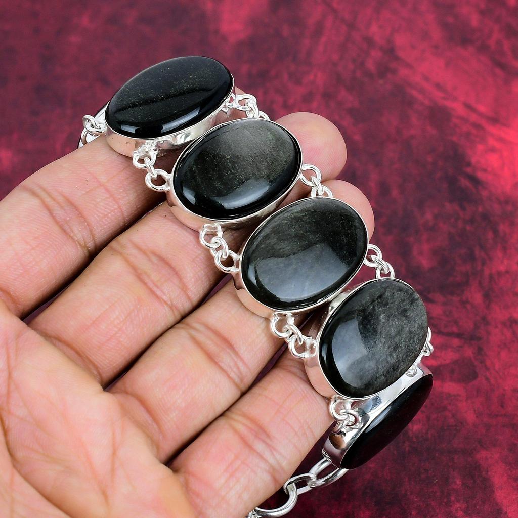 Golden Sheen Obsidian Gemstone Bracelet, 925 Solid Sterling Silver Bracelet, Handmade Adjustable Chain Bracelet, Obsidian Jewelry Gift For Her
