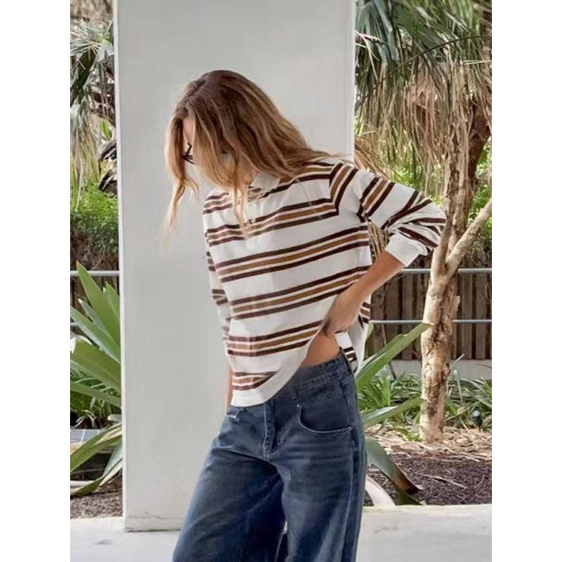 Western Style Fashion Loose Casual Stripe Long Sleeves Shirt Top Striped Long Sleeve Shirt