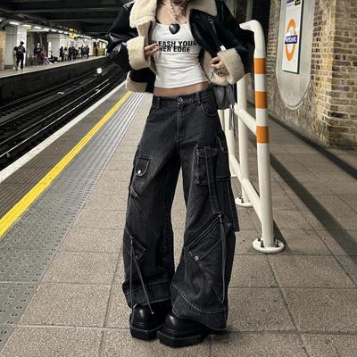 Y2K Streetwear Yıkanmış Siyah Bol Kargo Kot Pantolon Kadınlar İçin Geniş Bacak Çok Cepli Düz Bol Bayan Pantolonu