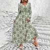 A-Line Dress Women Floral Print Ankle-Length Long Sleeve Casual High Waist Spring Summer V-neck Elastic Dresses
